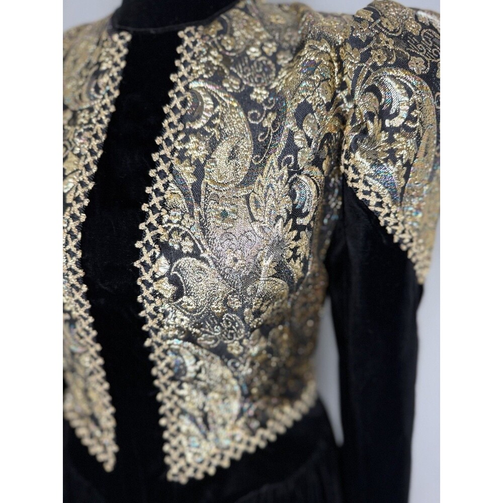 Jessica McClintock Vintage Black Velvet Gold Brocade Dress 12 Prairie Victorian - Picture 2 of 16